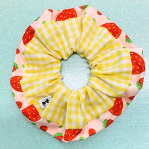 "Yellow checkered/ strawberry scrunchie"