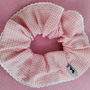 "Pink checkered/lace scrunchie"